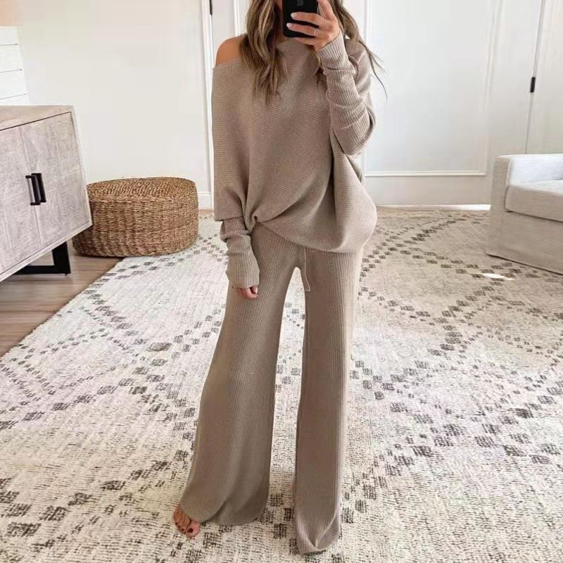 Casual Solid Color One-Shoulder Ladies Knit Set