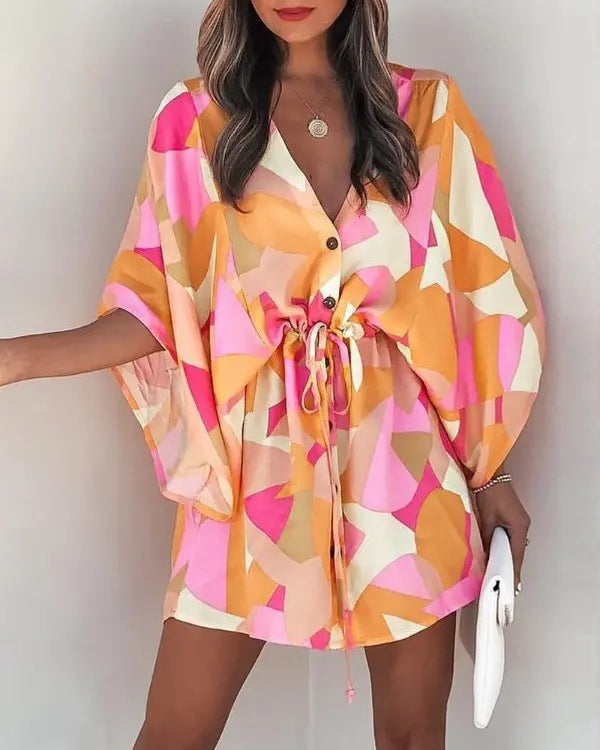 V-Neck Tie Printed Beach Dress