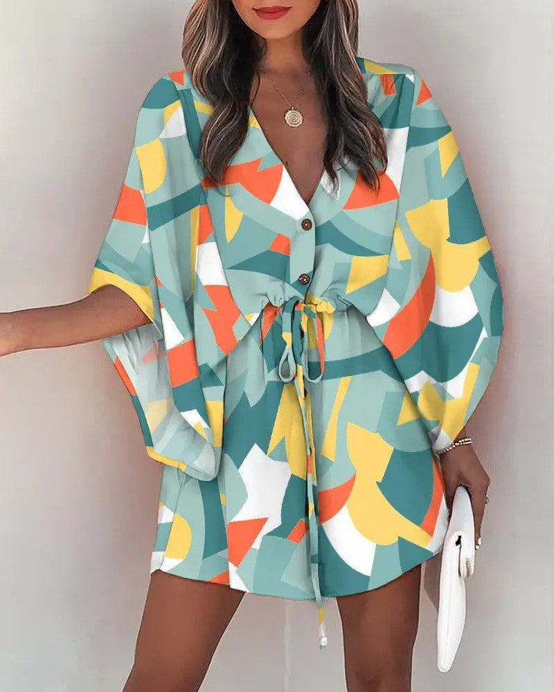 V-Neck Tie Printed Beach Dress