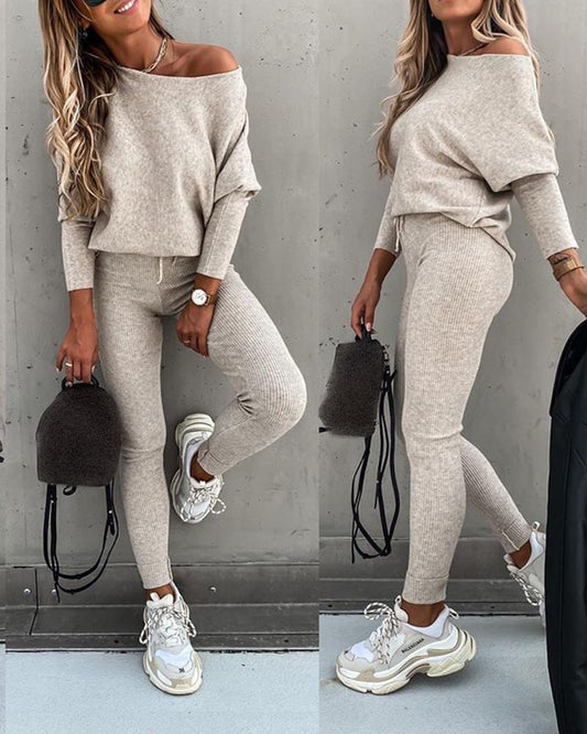 Casual Lace-Up Off-Shoulder Sports Set