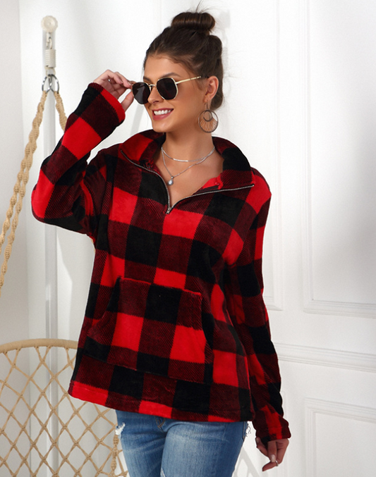 Checkered Fleece Zipper Sweater