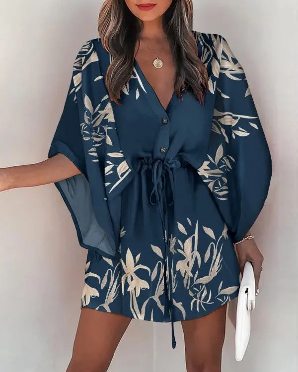 V-Neck Tie Printed Beach Dress