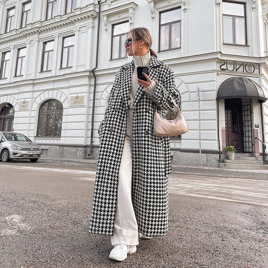 Houndstooth Long Trench Coat