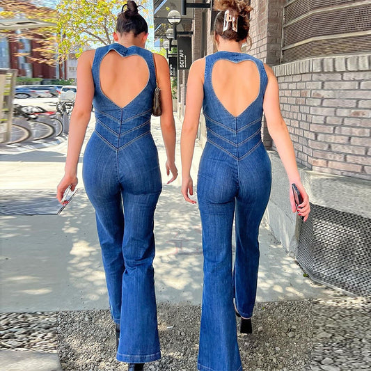 Heart-Shape Backless Denim Jumpsuit