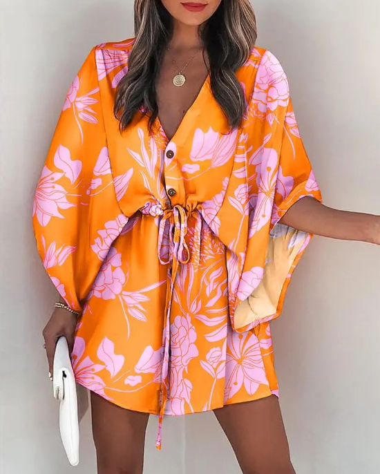 V-Neck Tie Printed Beach Dress