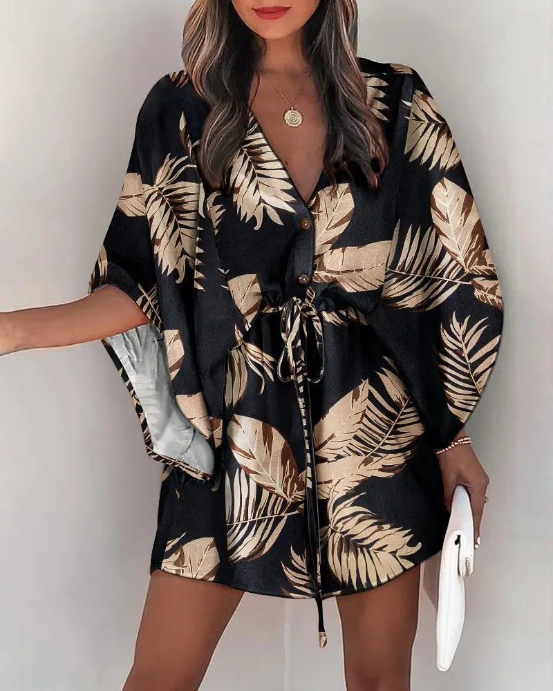 V-Neck Tie Printed Beach Dress