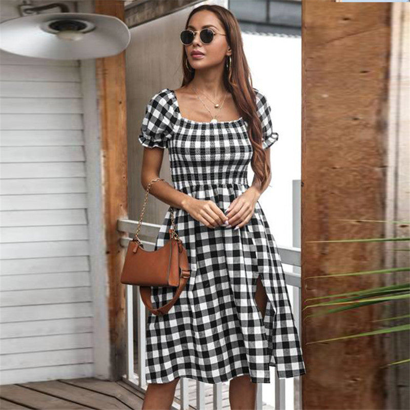 Square Plaid Short Sleeve Dress