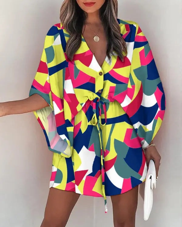 V-Neck Tie Printed Beach Dress