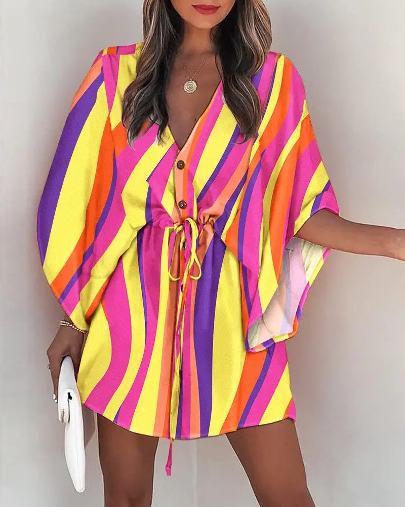 V-Neck Tie Printed Beach Dress