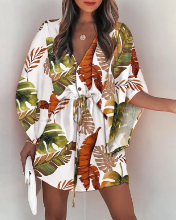 V-Neck Tie Printed Beach Dress