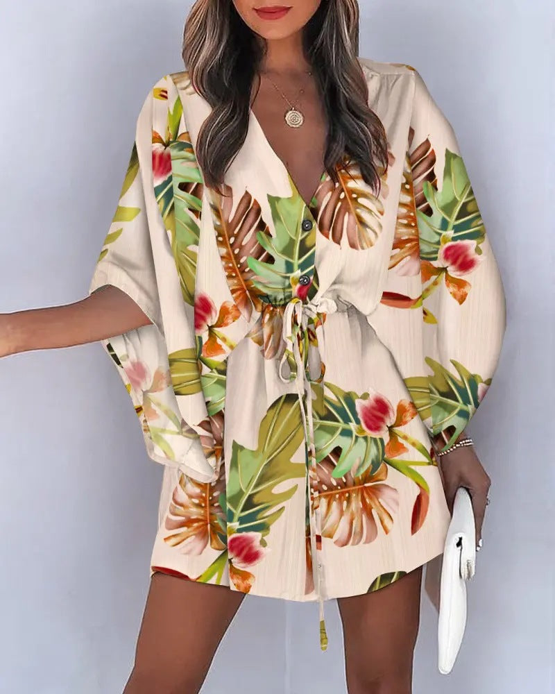 V-Neck Tie Printed Beach Dress