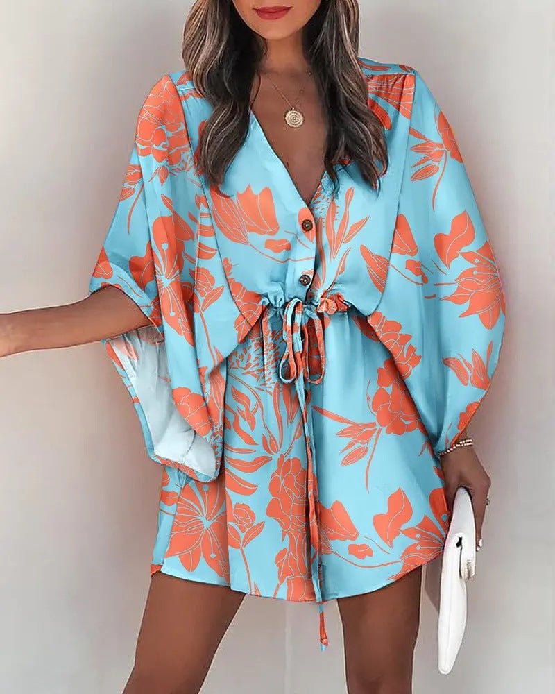 V-Neck Tie Printed Beach Dress