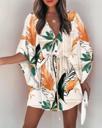 V-Neck Tie Printed Beach Dress