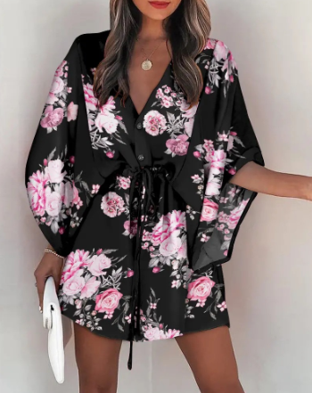 V-Neck Tie Printed Beach Dress