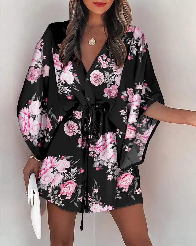 V-Neck Tie Printed Beach Dress